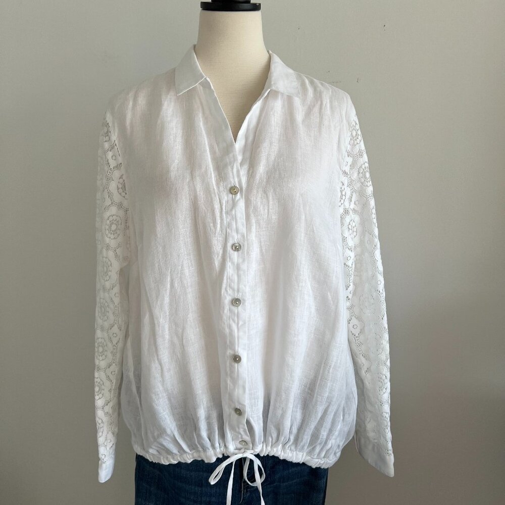 J Jill Love Linen blouse, white, tie and lace sleeve details, L